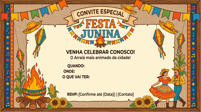 Brazilian Festa Junina invitation design template, colorful and festive