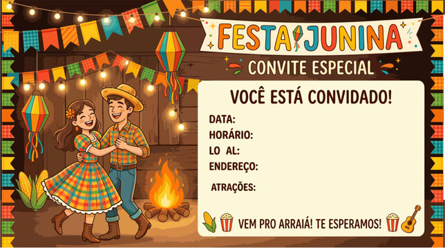Brazilian Festa Junina invitation design template, colorful and festive