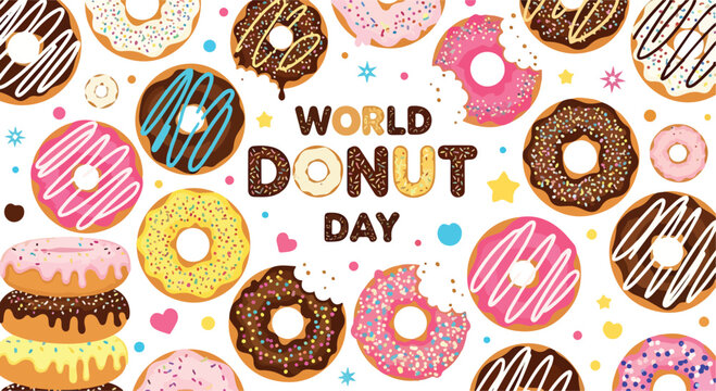 Colorful donuts on white background celebrate World Donut Day