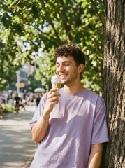 Fototapeta premium Young man enjoying ice cream cone while leaning against tree on sunny sidewalk