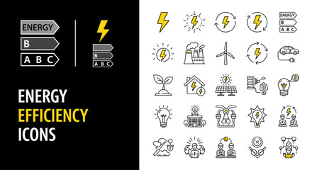 Fototapeta premium Comprehensive set of modern vector line icons illustrating energy efficiency, sustainable power sources, and eco-friendly technology concepts