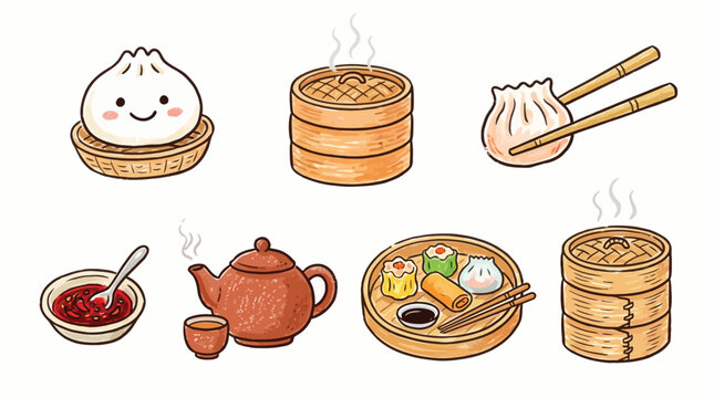 A charming collection of cute, hand-drawn illustrations depicting various elements of traditional Chinese dim sum cuisine, including steaming baskets, dumplings, tea sets, and dipping sauces.