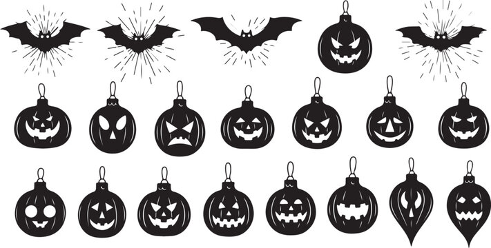 Halloween spooky pumpkin and bat silhouette icon set