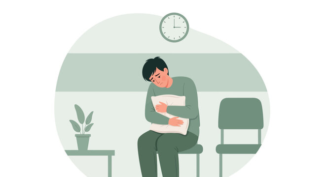 A Person Waiting Dejectedly in a Waiting Area, Embracing a Pillow, Feeling Anxious
