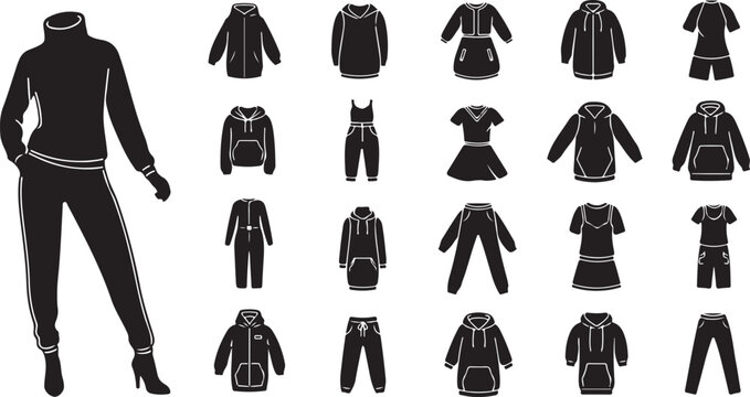 Female sportswear and winter apparel silhouette set