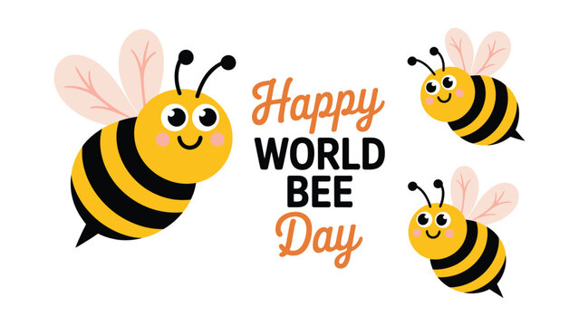 happy world bee day illustration with cute cartoon honey bees and typography design for pollinator awareness, environmental conservation and nature campaign 