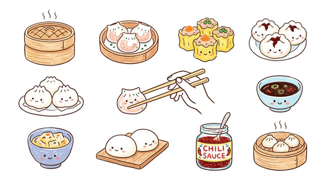 A charming collection of kawaii-style dumplings and dim sum dishes, presented in a delightful and whimsical illustration.