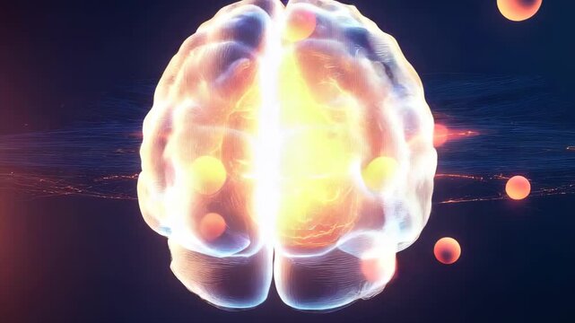The images show the brain in four parts with bright colors and energy. It highlights brain activity and different aspects of creativity in motion. The visual changes give a sense of energy
