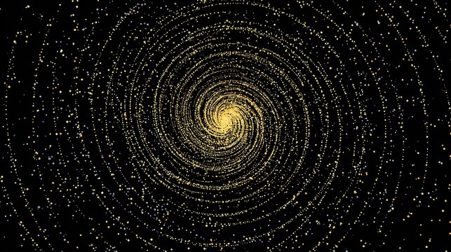 Golden particle spiral galaxy vortex with glowing dots forming cosmic tunnel abstract space background