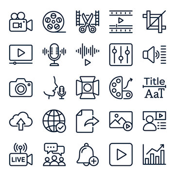 Black icons for media and technology.