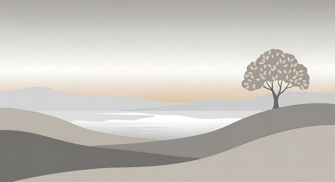 Calm Sunset Landscape with Single Tree on Hill