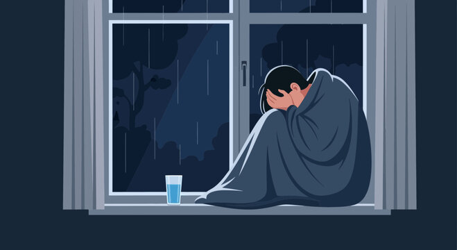 A Person Wrapped in a Blanket Gazing Out a Window During a Stormy Night