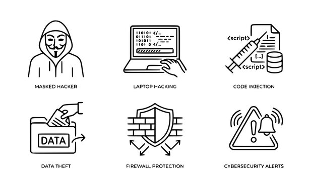 Cyber security icon set featuring hacker silhouettes data breaches phishing emails locked folders malware viruses and digital privacy protection symbols
