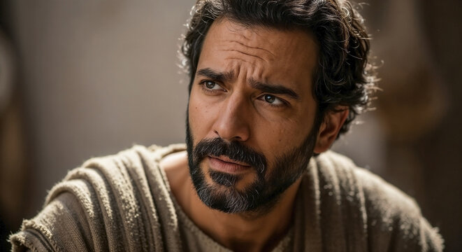 Concerned young man in striped biblical robe looking upward with serious expression in dramatic outdoor light. This portrayal emphasizes deep thoughts and reflective mood in sacred atmosphere.