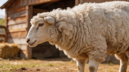 Fototapeta premium A white sheep with fluffy wool stands in a rural setting with a wooden barn in the background on a sunny day, surrounded by grass and hay bales.