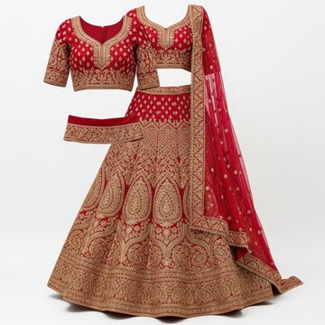 Traditional red lehenga choli with gold embroidery, elegant bridal ethnic wear for weddings, luxury indian festive garment on white background