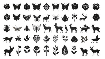 Obraz premium Nature and wildlife silhouette icon set. flowers, insects, animals silhouette collection