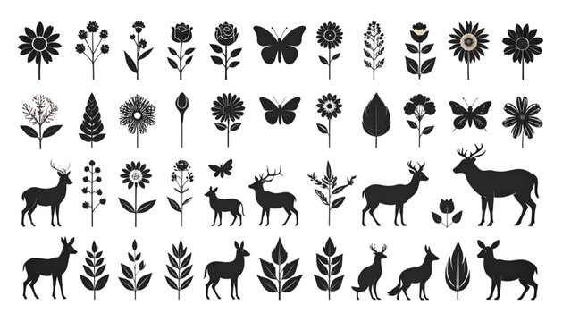 Nature and wildlife silhouette icon set. flowers, insects, animals silhouette collection