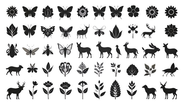 Nature and wildlife silhouette icon set. flowers, insects, animals silhouette collection