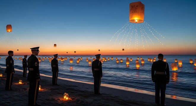 Military personnel observing a commemorative lantern release on the beach at sunset.