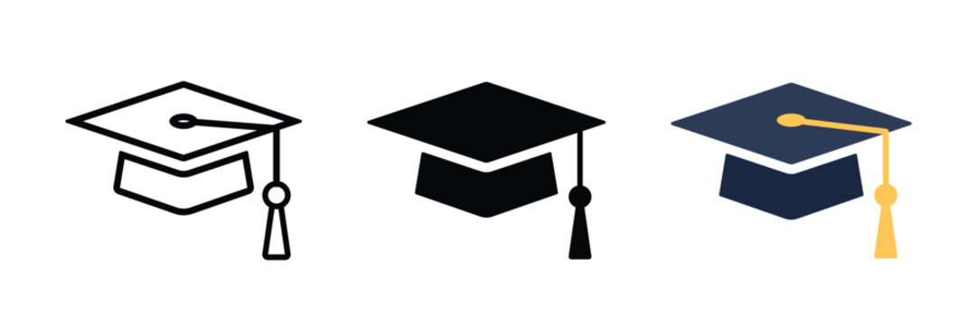 Graduation cap icons. University, college graduation hat, education symbol. Minimal vector and PNG with transparent background