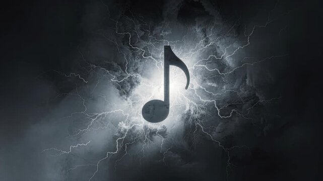Abstract Representation of a Musical Note Emerging from a Dark Smoky Background with Swirling Light Effects