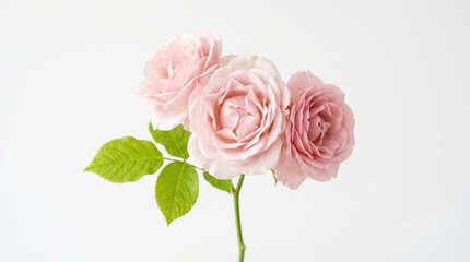 Fototapeta premium A beautiful blooming pink rose blossom with delicate petals and green leaves isolated on a white background as a romantic floral gift for Valentine's Day