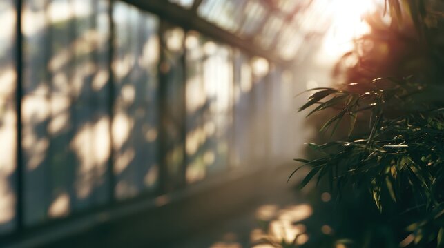 Green bamboo leaves in a sunlit greenhouse with soft golden hour light casting long shadows through the glass walls in a peaceful botanical garden setting during the late afternoon