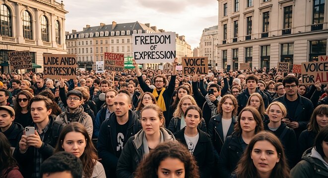 Large Crowd Demonstrating for Freedom of Expression in City Center.