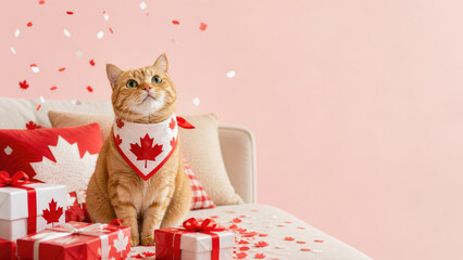 Ginger cat with canadian flag bandana and presents canada day celebration