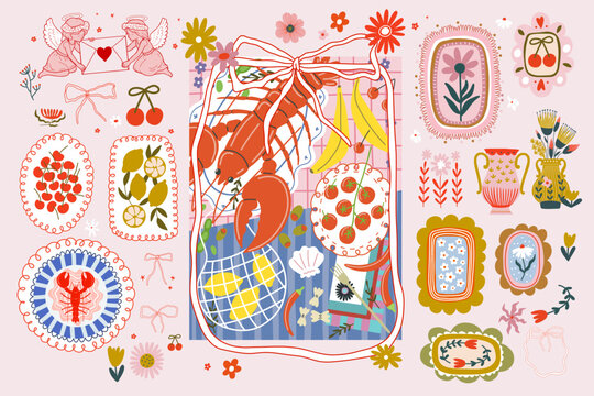 Folk Art Floral Frames and Decorative Botanical Elements	