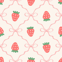 Obraz premium Coquette seamless pattern with hand drawn strawberry, bows and ribbons. Cute summer spring fruit berry background. Vector illustration for textile, baby clothes, fabric, wrapping paper.