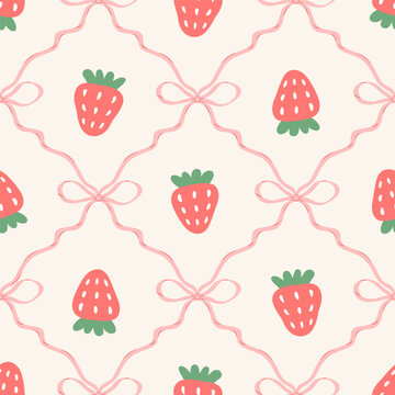 Coquette seamless pattern with hand drawn strawberry, bows and ribbons. Cute summer spring fruit berry background. Vector illustration for textile, baby clothes, fabric, wrapping paper.