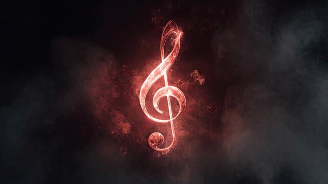 Illuminated Musical Note in Fiery Hues Surrounded by Dark Swirling Clouds Creating a Captivating and Energetic Atmosphere