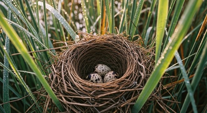 bird nest with eggs in grass