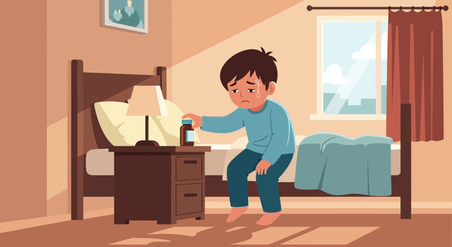 A Sick Child About To Take Medication While Sitting On The Bedside In His Room
