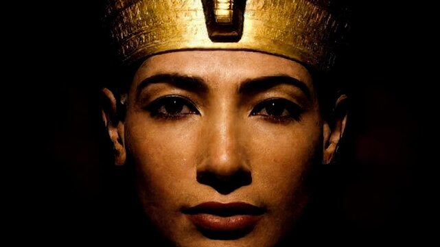 Dramatic cinematic close-up portrait of Nefertiti, ancient Egyptian queen, wearing golden crown, kohl eyeliner and dark lips, intense gaze against pure black background.