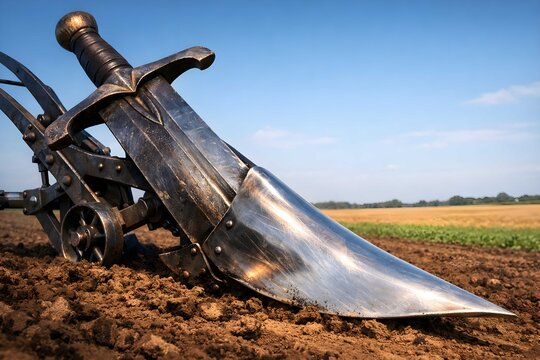 Medieval sword artistically reshaped into advanced metal plowshare on fertile farmland, representing innovation, sustainable agriculture, and peaceful progress
