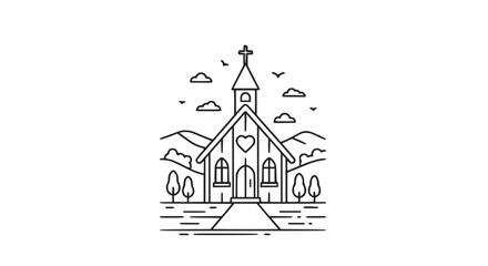 Naklejka premium Minimalist Line Art Church Building with Cross and Heart Symbol