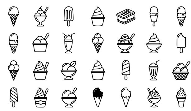 Minimal ice cream outline icon collection with frozen treats and dessert vector symbols
