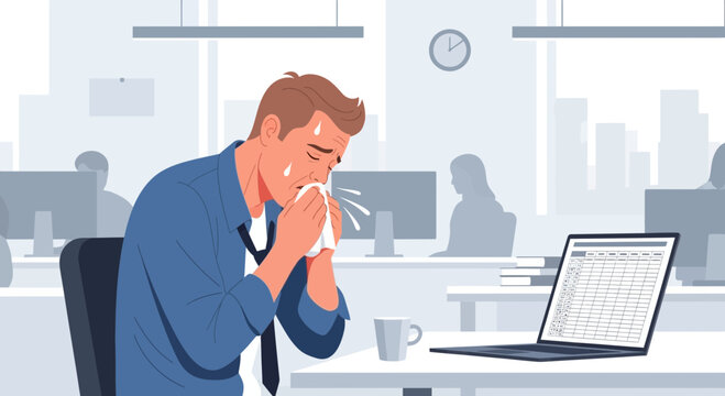 A Sick Businessman Blowing His Nose at Workplace with Spreadsheets and the Office Environment
