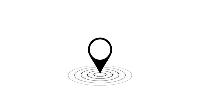 Black location pin with concentric circles on white background representing navigation destination pinpointing and geographical search concept