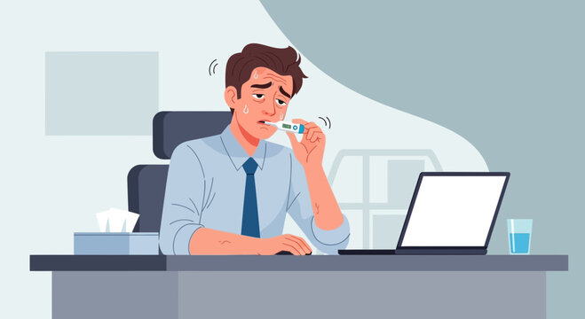 A Sick Businessman Checking His Temperature While Working In The Office Environment