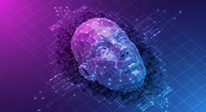 Futuristic Digital Head Sculpture with Neon Grid
