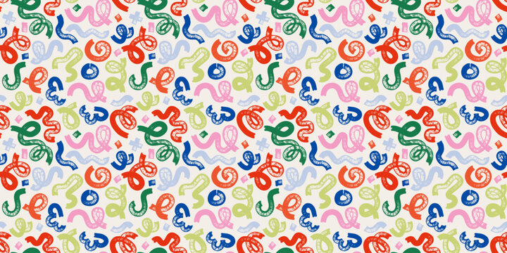 Vivid marker doodle seamless pattern with curly lines, spirals and chaotic scribbles. Hand drawn colorful brush strokes in playful childlike style. Abstract looping texture.
