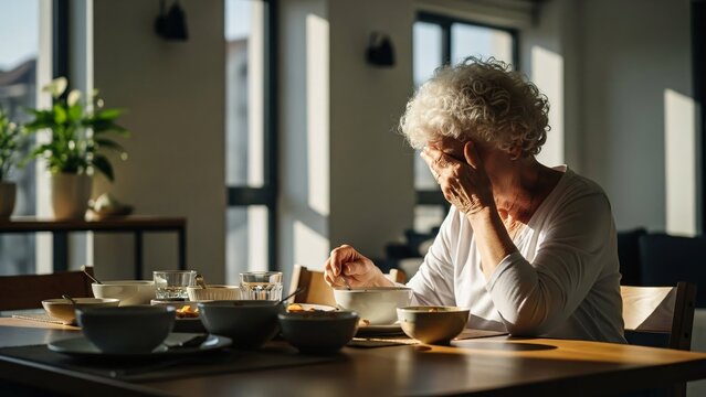 Elderly woman sitting at dining table with multiple bowls in a well-lit modern kitchen enjoying a quiet moment of reflection and peace during mealtime or breakfast time
