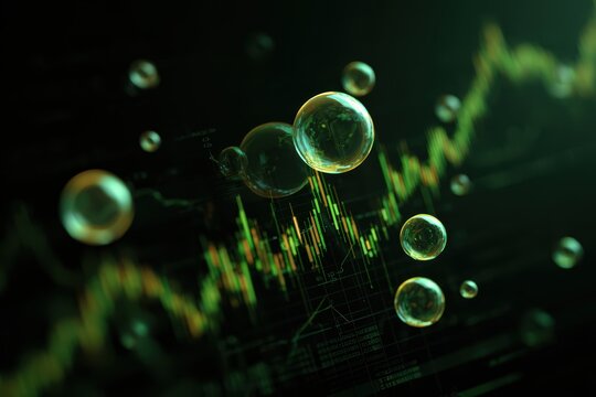 Market Bubbles in Focus: A symbolic visualization of market volatility and financial risk, represented by ethereal bubbles floating above blurred financial charts.
