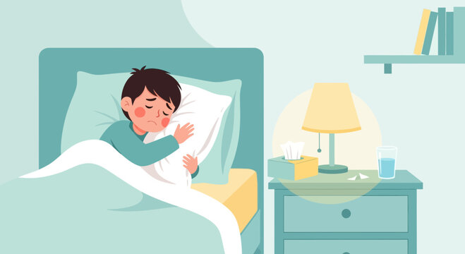 A Sick Child Comforted In Bed, Surrounded By Essentials For His Recovery And Rest