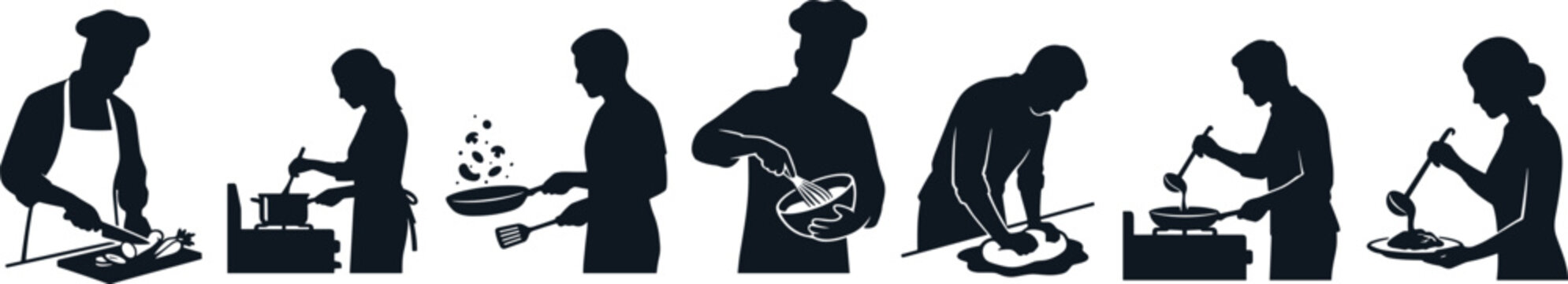 Cooking and food preparation silhouette collection featuring chefs and home cooks performing various kitchen culinary activities