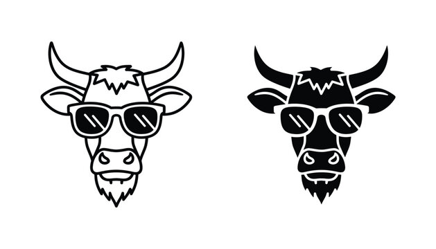 Cool bull mascot head with sunglasses in vector line art and solid black silhouette for ranching and sports team branding